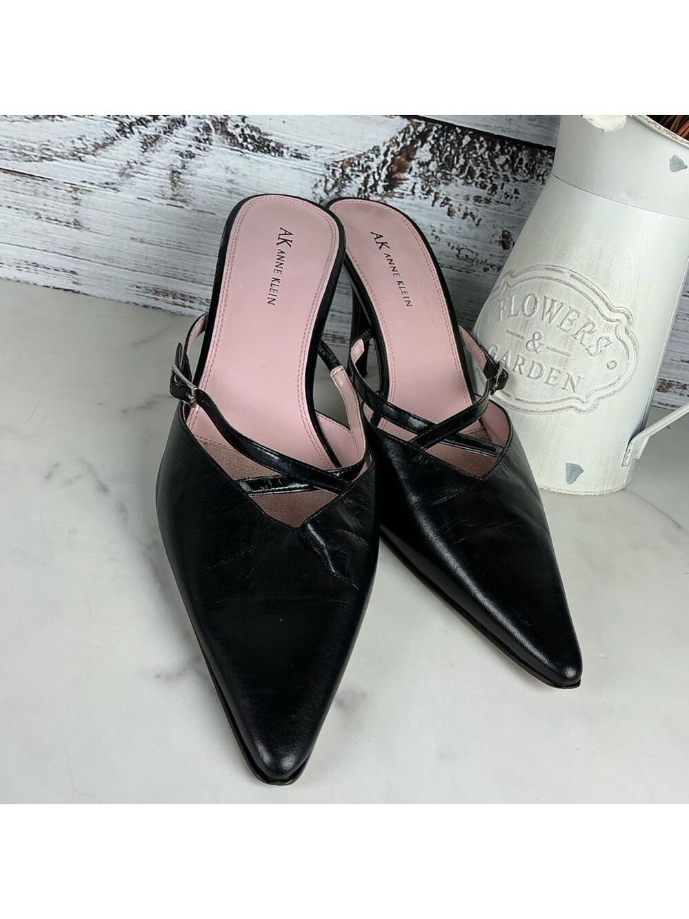 Anne Klein Size 9.5 9 1/2 Black Pointed Mules Dress Shoes